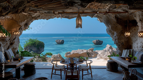restaurant by the ocean of a tropical Island, a tropical cafe with an ocean view, a Restaurant in a cave rock photo