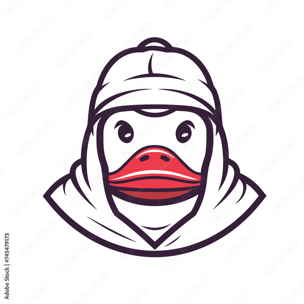 Duck wearing a hood stylish black and white vector illustration isolated transparent background logo, cut out or cutout t-shirt print design