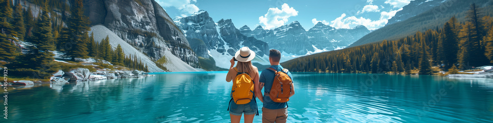 Couple travel banner landscape happy hikers in summer Alps lake view, Two travel hikers standing in front of the lake in the mountain in Spring