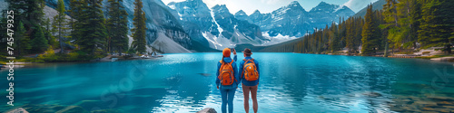 Couple travel banner landscape happy hikers in Alps lake view, Two travel hikers standing in front of the lake in the mountain in Spring © Fokke Baarssen