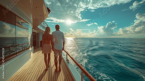 couple on a wooden deck of a cruise ship, a Luxury cruise ship travel elegant tourist man and woman on the balcony deck of a luxury yacht, Summer vacation cruise ship, copy space photo