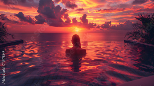 female in pool at sunset in a tropical hotel  woman silhouette swimming in infinity pool watching sunset serene getaway at dusk