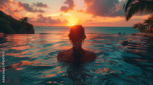 Paradise luxury resort honeymoon getaway idyllic Caribbean tropical hotel, a woman silhouette swimming in infinity pool watching sunset serene getaway at dusk © Fokke Baarssen