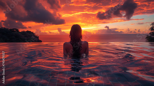 Paradise luxury resort honeymoon getaway destination at the idyllic Caribbean tropical hotel  woman silhouette swimming in infinity pool watching sunset serene getaway
