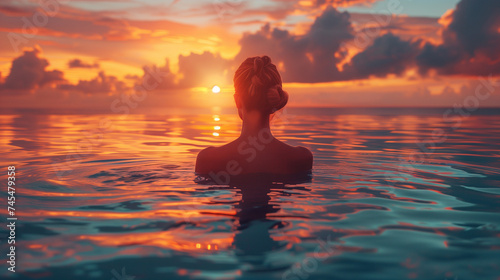 Paradise luxury resort honeymoon getaway destination at idyllic Caribbean tropical hotel, woman silhouette swimming in infinity pool watching sunset 