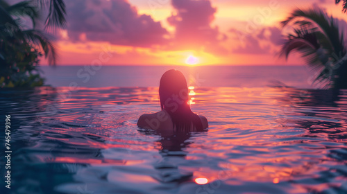 Paradise luxury resort honeymoon getaway destination at idyllic Caribbean tropical hotel, woman silhouette swimming in infinity pool watching sunset serene getaway at dusk