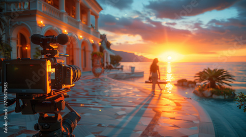 Video camera filming awoman acting for a social media movie in a luxury hotel location by a pool behind the scenes of a shoot. videography equipment shooting outdoors at sunset, influencer, blogger