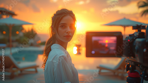 influencer blogger social media content creator at a luxury hotel filming at sunset photo