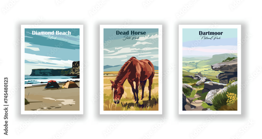 Dartmoor, National Park. Dead Horse, State Park. Diamond Beach, Iceland - Set of 3 Vintage Travel Posters. Vector illustration. High Quality Prints