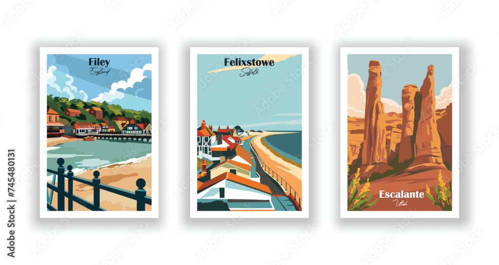 Escalante, Utah. Felixstowe, Suffolk. Filey, England - Set of 3 Vintage Travel Posters. Vector illustration. High Quality Prints