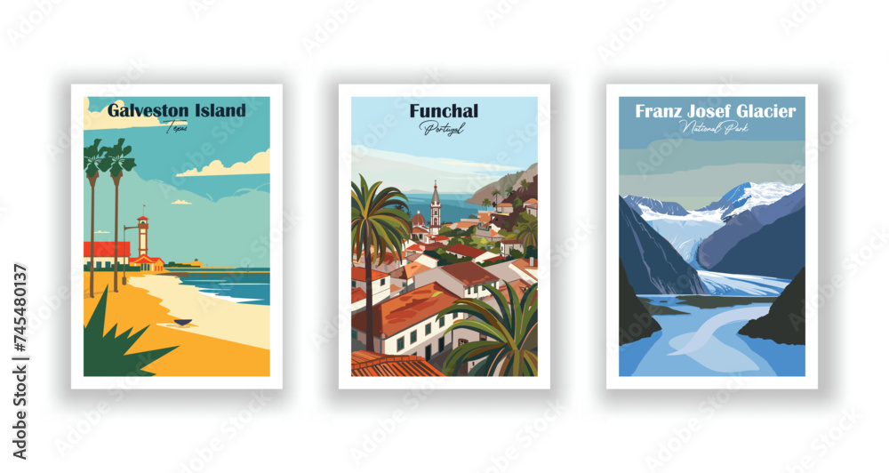 Franz Josef Glacier, National Park. Funchal, Portugal. Galveston Island, Texas - Set of 3 Vintage Travel Posters. Vector illustration. High Quality Prints