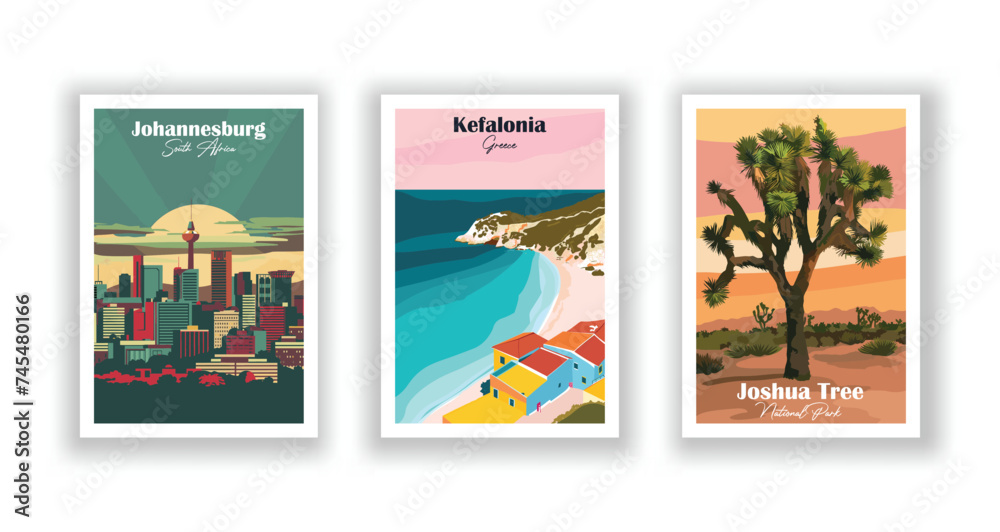 Obraz premium Johannesburg, South Africa. Joshua Tree, National Park. Kefalonia, Greece - Set of 3 Vintage Travel Posters. Vector illustration. High Quality Prints