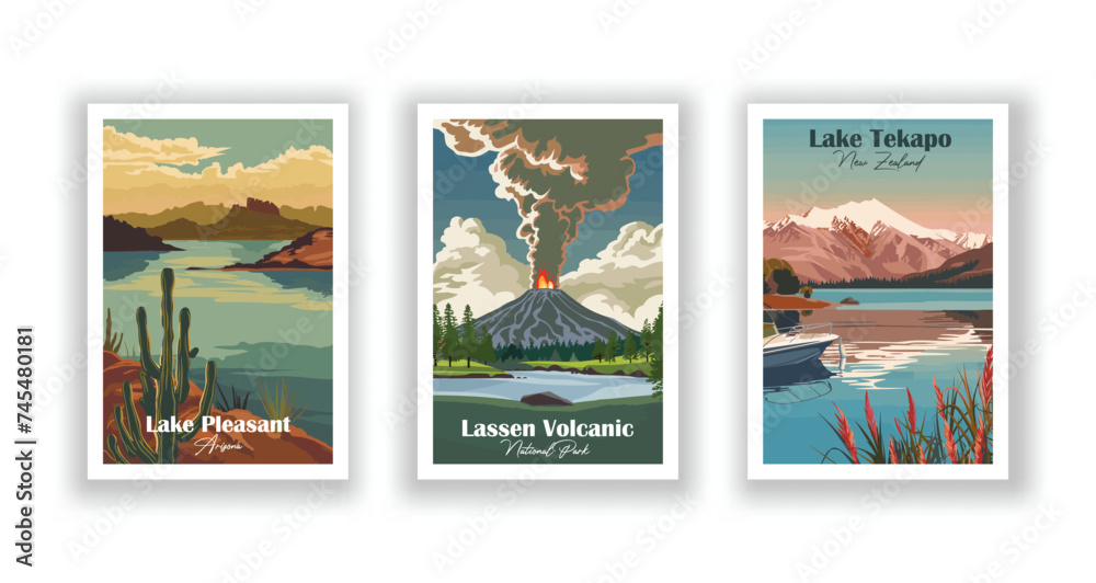 Lake Pleasant, Arizona. Lake Tekapo, New Zealand. Lassen Volcanic, National Park - Set of 3 Vintage Travel Posters. Vector illustration. High Quality Prints