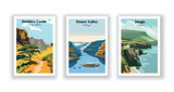 Dingle, Ireland. Douro Valley, Portugal. Dunluce Castle, County Antrim - Set of 3 Vintage Travel Posters. Vector illustration. High Quality Prints