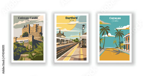 Culzean Castle, Scotland. Curaçao, Caribbean. Dartford, Kent - Set of 3 Vintage Travel Posters. Vector illustration. High Quality Prints