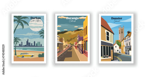 Dunster, Somerset. Durango, Colorado. Durban, South Africa - Set of 3 Vintage Travel Posters. Vector illustration. High Quality Prints