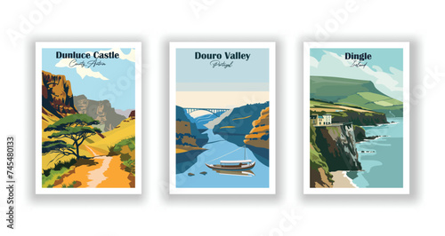 Dingle, Ireland. Douro Valley, Portugal. Dunluce Castle, County Antrim - Set of 3 Vintage Travel Posters. Vector illustration. High Quality Prints photo