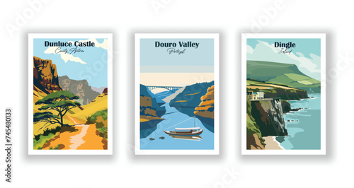 Dingle, Ireland. Douro Valley, Portugal. Dunluce Castle, County Antrim - Set of 3 Vintage Travel Posters. Vector illustration. High Quality Prints