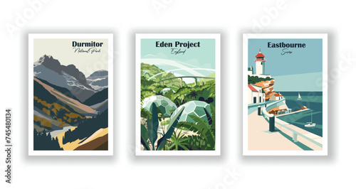 Durmitor, National Park. Eastbourne, Sussex. Eden Project, England - Set of 3 Vintage Travel Posters. Vector illustration. High Quality Prints