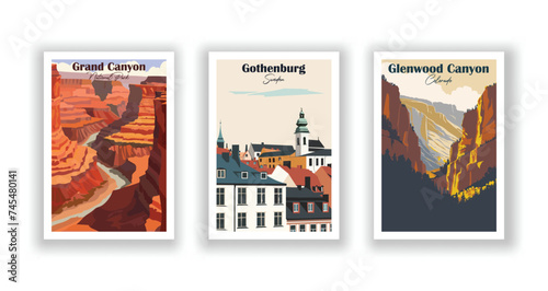 Glenwood Canyon, Colorado. Gothenburg, Sweden. Grand Canyon, National Park - Set of 3 Vintage Travel Posters. Vector illustration. High Quality Prints photo