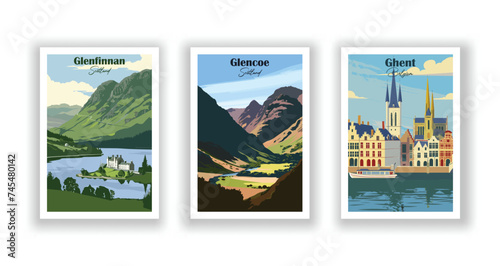 Ghent, Belgium. Glencoe, Scotland. Glenfinnan, Scotland - Set of 3 Vintage Travel Posters. Vector illustration. High Quality Prints