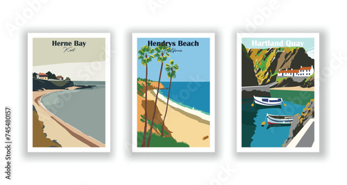 Hartland Quay, Devon. Hendry's Beach, California. Herne Bay, Kent - Set of 3 Vintage Travel Posters. Vector illustration. High Quality Prints photo