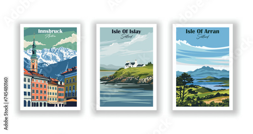 Innsbruck, Austria. Isle Of Arran, Scotland. Isle Of Islay, Scotland - Set of 3 Vintage Travel Posters. Vector illustration. High Quality Prints
