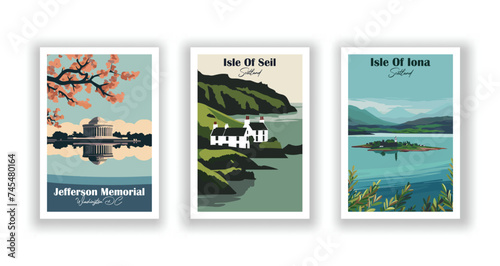 Isle Of Iona, Scotland. Isle Of Seil, Scotland. Jefferson Memorial, Washington DC - Set of 3 Vintage Travel Posters. Vector illustration. High Quality Prints