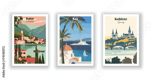 Koblenz, Germany. Kos, Aegean Sea. Kotor, Montenegro - Set of 3 Vintage Travel Posters. Vector illustration. High Quality Prints
