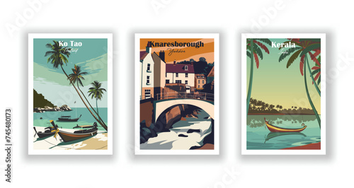 Kerala, India. Knaresborough, Yorkshire. Ko Tao, Thailand - Set of 3 Vintage Travel Posters. Vector illustration. High Quality Prints