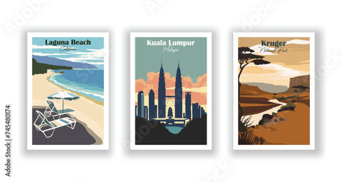 Kruger, National Park. Kuala Lumpur, Malaysia. Laguna Beach, California - Set of 3 Vintage Travel Posters. Vector illustration. High Quality Prints