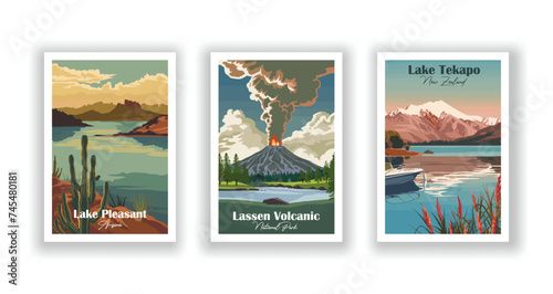 Lake Pleasant  Arizona. Lake Tekapo  New Zealand. Lassen Volcanic  National Park - Set of 3 Vintage Travel Posters. Vector illustration. High Quality Prints