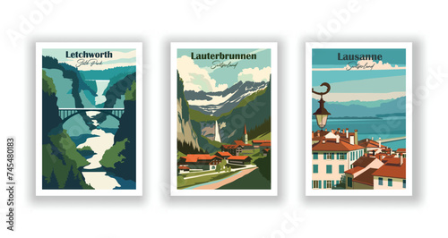 Lausanne, Switzerland. Lauterbrunnen, Switzerland. Letchworth, State Park - Set of 3 Vintage Travel Posters. Vector illustration. High Quality Prints