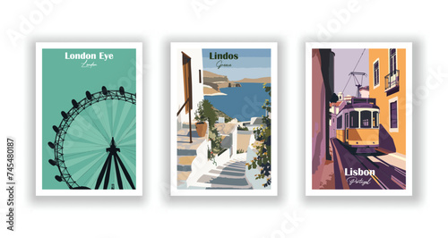 Lisbon, Portugal. London Eye, London. Lindos, Greece - Set of 3 Vintage Travel Posters. Vector illustration. High Quality Prints