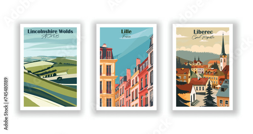Liberec, Czech Republic. Lille, France. Lincolnshire Wolds - Set of 3 Vintage Travel Posters. Vector illustration. High Quality Prints