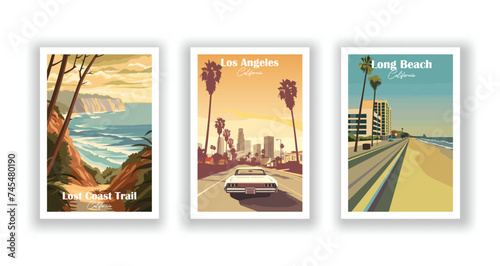 Long Beach, California. Los Angeles, California. Lost Coast Trail, California - Set of 3 Vintage Travel Posters. Vector illustration. High Quality Prints