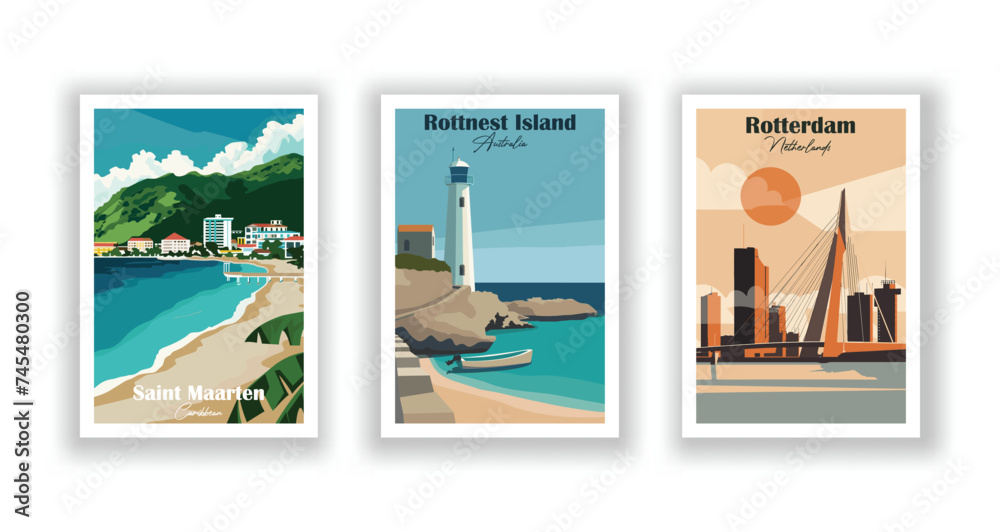 Rotterdam, Netherlands. Rottnest Island, Australia. Saint Maarten, Caribbean - Set of 3 Vintage Travel Posters. Vector illustration. High Quality Prints