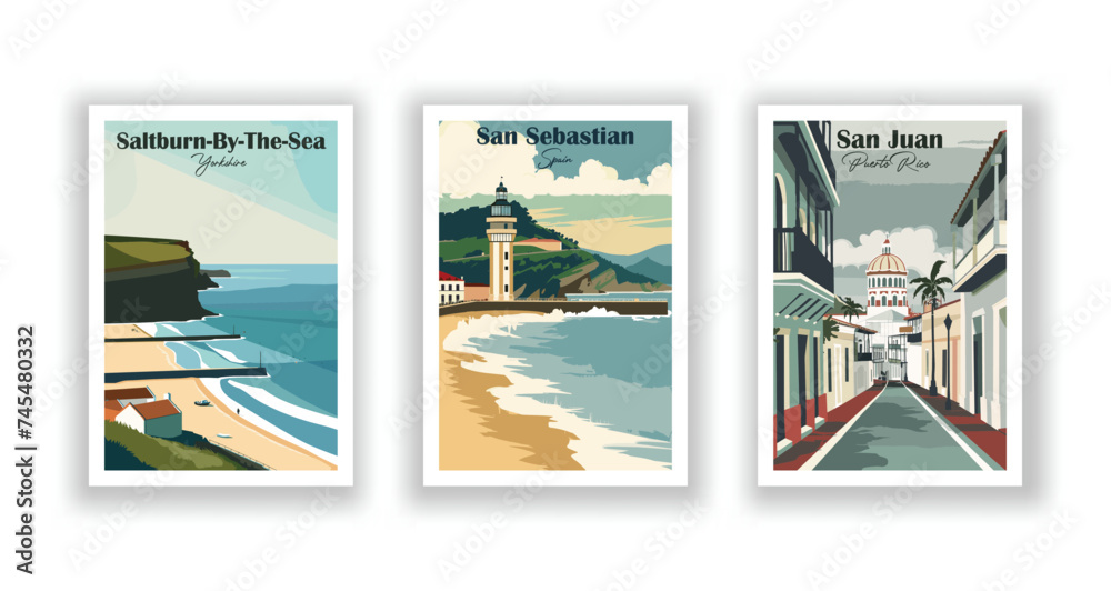 Saltburn-By-The-Sea, Yorkshire. San Juan, Puerto Rico. San Sebastian, Spain - Set of 3 Vintage Travel Posters. Vector illustration. High Quality Prints