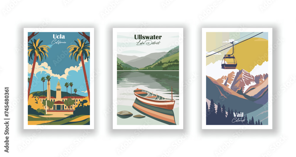 Ucla, California. Ullswater, Lake District. Vail, Colorado - Set of 3 Vintage Travel Posters. Vector illustration. High Quality Prints