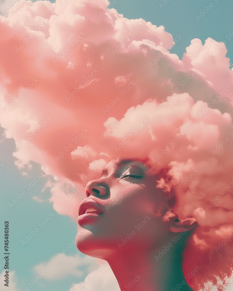 A portrait of a person gazing upwards their head transforming into a soft pink cloud against a serene sky symbolizing open mindedness perfect for Instagram posts