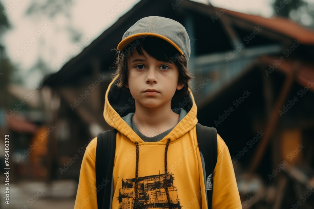 Portrait of a boy in a cap and a yellow backpack. Portrait of a boy in a cap and a yellow backpack.