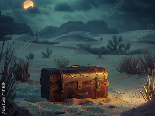 A 3D modeled scene featuring an antique suitcase in the center of a desert with dynamic lighting and shadow effects creating a mood of mystery and exploration