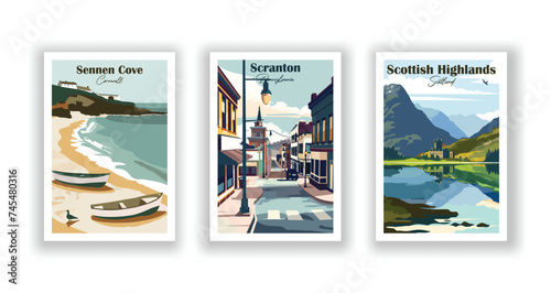 Scottish Highlands, Scotland. Scranton, Pennsylvania. Sennen Cove, Cornwall - Set of 3 Vintage Travel Posters. Vector illustration. High Quality Prints