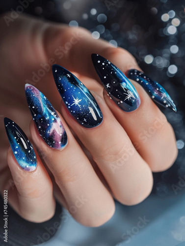 a high resolution image capturing the art of galaxy themed nail art each fingernail a canvas for stellar constellations and interstellar clouds glints of starlight reflecting off the glossy finish
