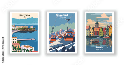 Sneek, Netherlands. Snowbird, UTAH. Sorrento, Italy - Set of 3 Vintage Travel Posters. Vector illustration. High Quality Prints