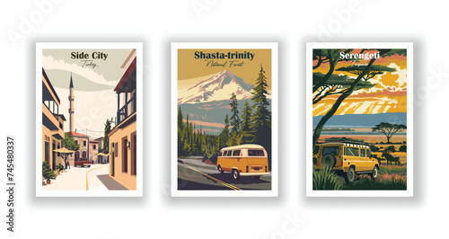 Serengeti, Tanzania. Shasta-trinity, National Forest. Side City, Turkey - Set of 3 Vintage Travel Posters. Vector illustration. High Quality Prints