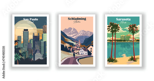 Sao Paulo, Brazil. Sarasota, Florida. Schladming, Austria - Set of 3 Vintage Travel Posters. Vector illustration. High Quality Prints