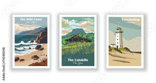 Terschelling, Netherlands. The Catskills, New York. The Wild Coast, South Africa - Set of 3 Vintage Travel Posters. Vector illustration. High Quality Prints