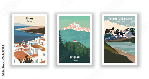 Tinos, Greece. Torres Del Paine, National Park. Triglav, Slovenia - Set of 3 Vintage Travel Posters. Vector illustration. High Quality Prints