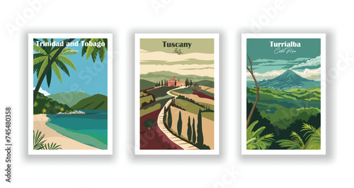 Trinidad and Tobago, Caribbean. Turrialba, Costa Rica. Tuscany, Italy - Set of 3 Vintage Travel Posters. Vector illustration. High Quality Prints